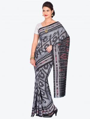 Grey and Black Handwoven Sambalpuri Pure Cotton Designer Saree small FABSA21031