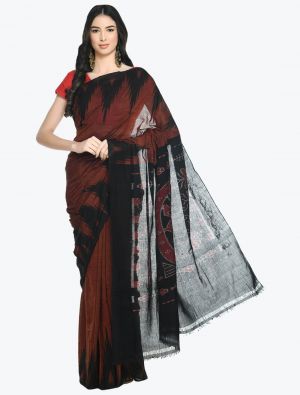 Brown And Black Pure Sambalpuri Handloom Ikat Cotton Saree FABSA21702