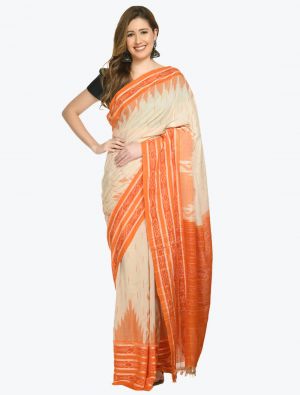 Cream And Orange Pure Sambalpuri Handloom Ikat Cotton Saree FABSA21712