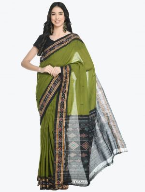 Green And Black Pure Sambalpuri Handloom Ikat Cotton Saree FABSA21706