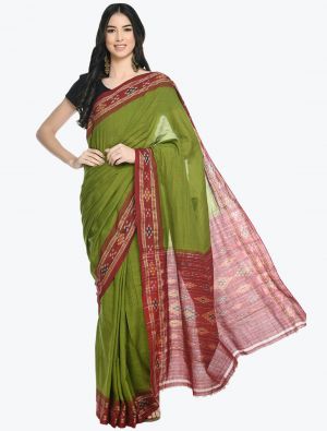 Green And Red Pure Sambalpuri Handloom Ikat Cotton Saree FABSA21705