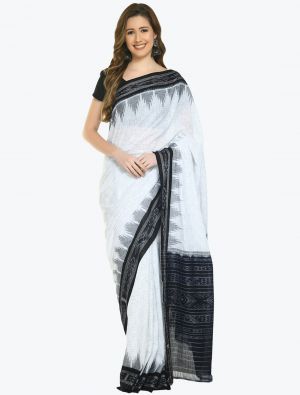 White And Black Pure Sambalpuri Handloom Ikat Cotton Saree FABSA21699