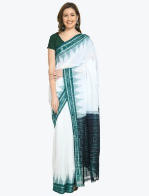 White And Green Pure Sambalpuri Handloom Ikat Cotton Saree FABSA21707