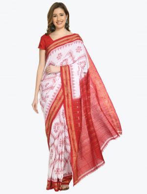 White And Red Premium Sambalpuri Handloom Ikat Cotton Saree FABSA21692