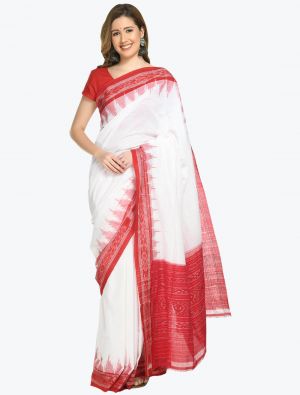 White And Red Pure Sambalpuri Handloom Ikat Cotton Saree FABSA21704