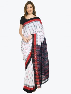 White Red And Black Premium Sambalpuri Handloom Ikat Cotton Saree FABSA21697