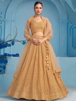 Gold Beige Georgette Semi Stitched Embroidered Lehenga small FABLE20453