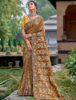 Buy Brown color lycra saree with foil print Party Wear Online at