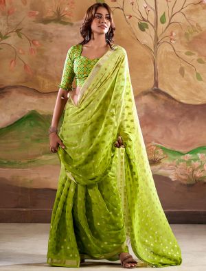 Green Banarasi Georgette Saree With Zari Woven Motifs