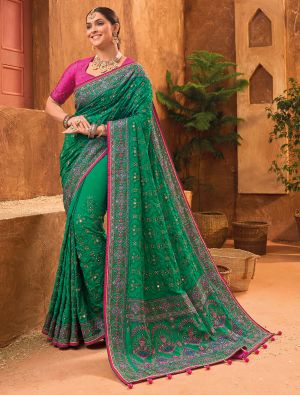 Green Banarasi Silk Premium Saree With Kutch Work