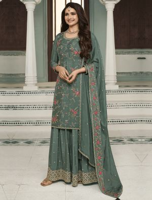 Green Blooming Chinon Silk Semi Stitched Sharara Suit small FABSL21784