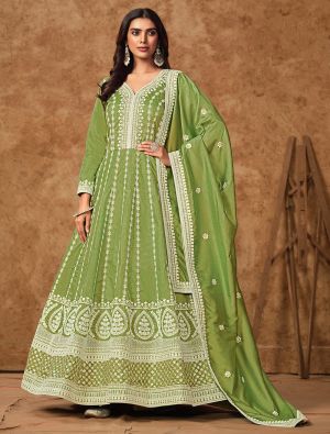 Green Dola Silk Semi Stitched Elegant Anarkali Suit small FABSL22111