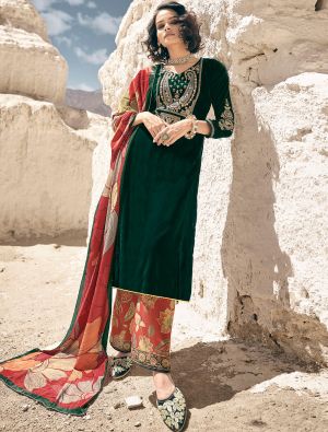 Green Velvet Salwar Kameez With Cording Embroidery small FABSL21668