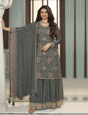 Grey Blooming Chinon Silk Semi Stitched Sharara Suit small FABSL21782