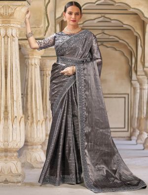 Grey Fancy Embroidered Saree With Moti Work