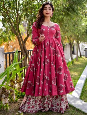 hot pink cotton silk digital printed kurta palazzo set fabku21039