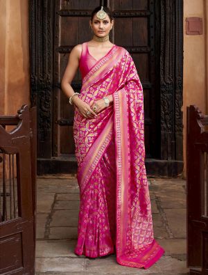 Hot Pink Viscose Silk Saree With Brocade Weaving