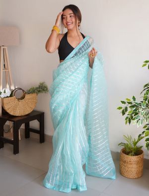 Ice Blue Organza Party Wear Saree With Silver Gota Work