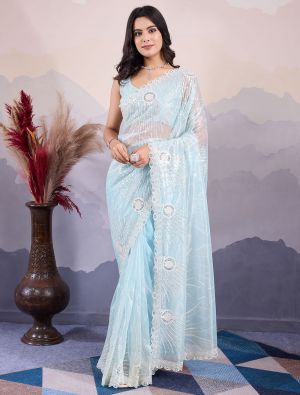 Ice Blue Twill Net Stylish Party Wear Saree