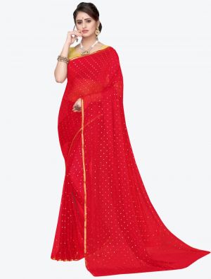 Red Chiffon Designer Saree small FABSA20895
