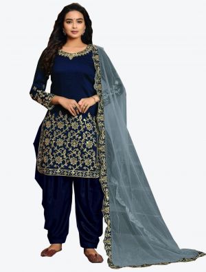 Dark Blue Art Silk Patiala Suit with Dupatta small FABSL20264