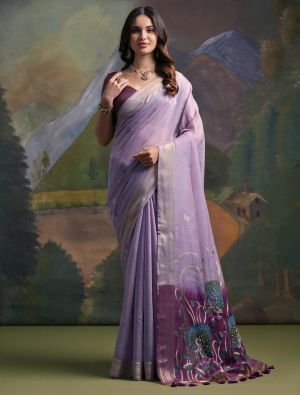 Lavender Muga Cotton Saree With Zari Weaving