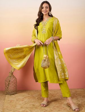 Lemon Yellow Silk Blend Embroidered Readymade Salwar Kameez FABSL21958