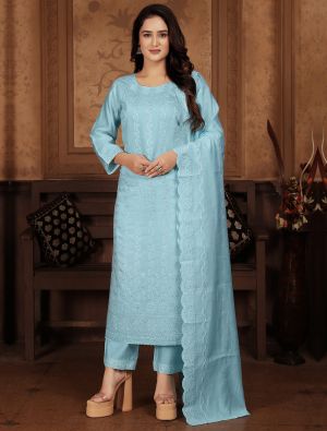 Light Blue Chanderi Cotton Readymade Salwar Kameez FABSL21970