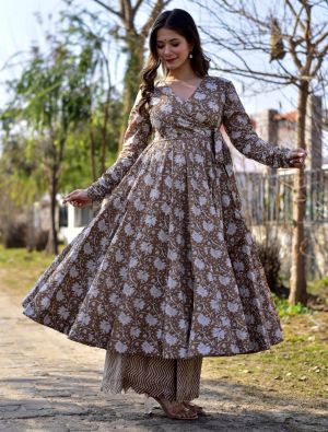 light brown cotton silk digital printed kurta palazzo set fabku21037