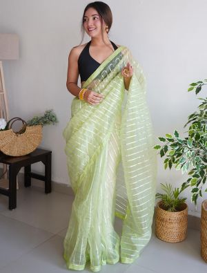 Light Green Organza Party Wear Saree With Silver Gota Work