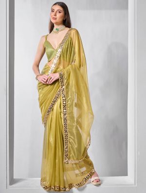 Light Mehendi Green Gold Tissue Net Fancy Party Wear Saree