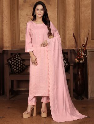 Light Peach Chanderi Cotton Readymade Salwar Kameez FABSL21969