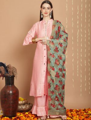 Light Peach Chanderi Silk Semi Stitched Salwar Suit small FABSL21726