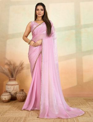 Light Pink Frendy Satin Saree With Bead Embroidery