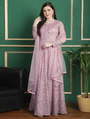 Light Pink Net Floor Length Suit With Cording Work FABSL21800