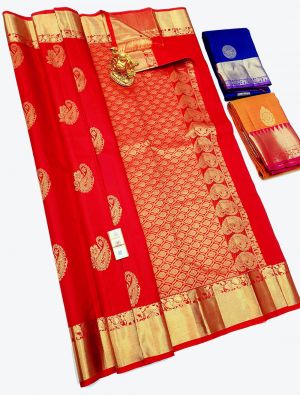 Red Pure Kanchipuram Handloom Silk Festive Wear Designer Saree small FABSA21389