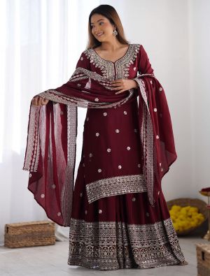 Maroon Chinon Silk Ready To Wear Sharara Suit FABSL22134