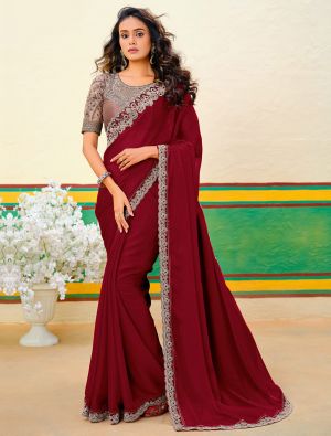 Maroon Fancy Georgette Embroidered Saree With Zari Weaves