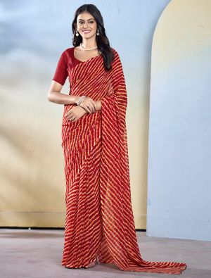 Maroon Georgette Ready To Wear Saree With Unstitched Blouse