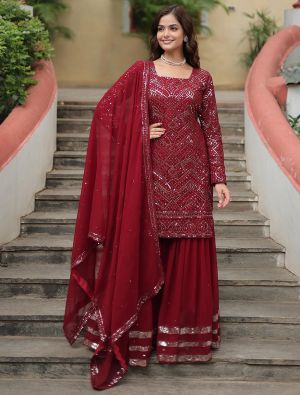 Maroon Georgette Stylish Readymade Sharara Suit FABSL21991