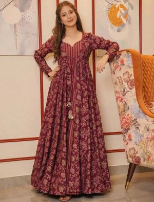 maroon muslin printed readymade gown with shrug fabgo20264