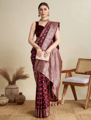 Maroon Satin Silk Saree With Woven Zari