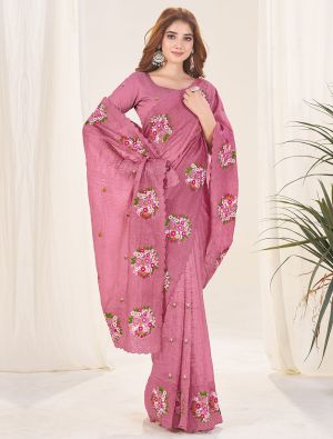 Mauve Pink Gold Crush Embroidered Saree