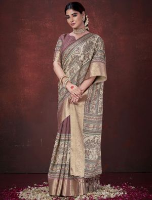 Mauve Taupe Habotai Silk Traditional Pattern Saree