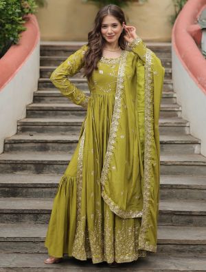 Mehendi Green Chinon Full Length Readymade Palazzo Suit FABSL21998