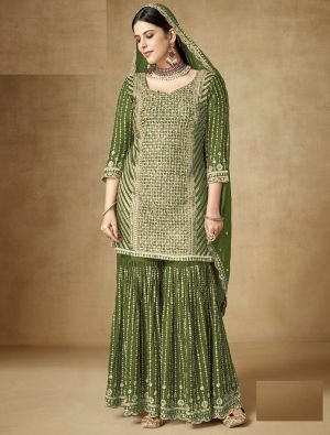 Mehendi Green Chinon Semi Stitched Sharara Suit small FABSL21771