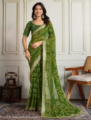 Mehendi Green Georgette Bandhani Print Saree With Zari And Sequin