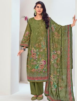 Mehendi Green Muslin Embroidered Ready To Wear Salwar Kameez FABSL22248