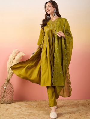 Mehendi Green Silk Blend Embroidered Readymade Salwar Kameez FABSL21951