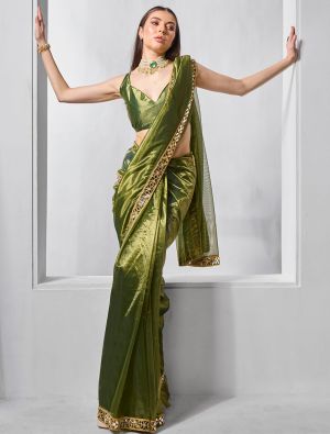 Moss Green Gold Tissue Net Fancy Party Wear Saree